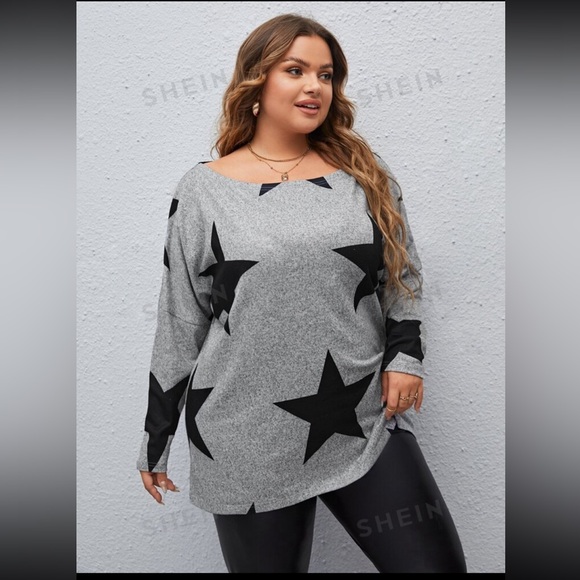 SHEIN plus size 16 star print drop shoulder long sleeve top (light gray) - Picture 5 of 5